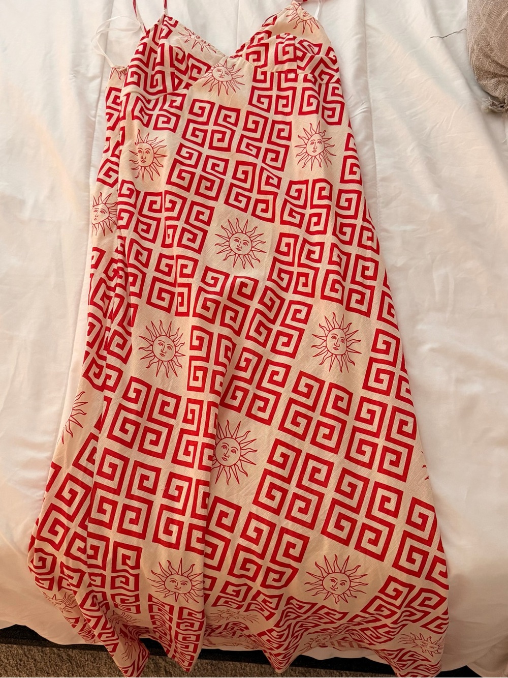 Sun-Print Red & Cream Maxi Slip Dress